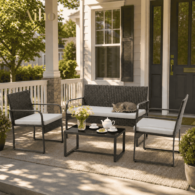 4 Pieces Patio Furniture Set, Wicker Outdoor Conversation Set with Coffee Table, Patio Chairs Set for Yard, Garden, Poolside, Gray Cushions