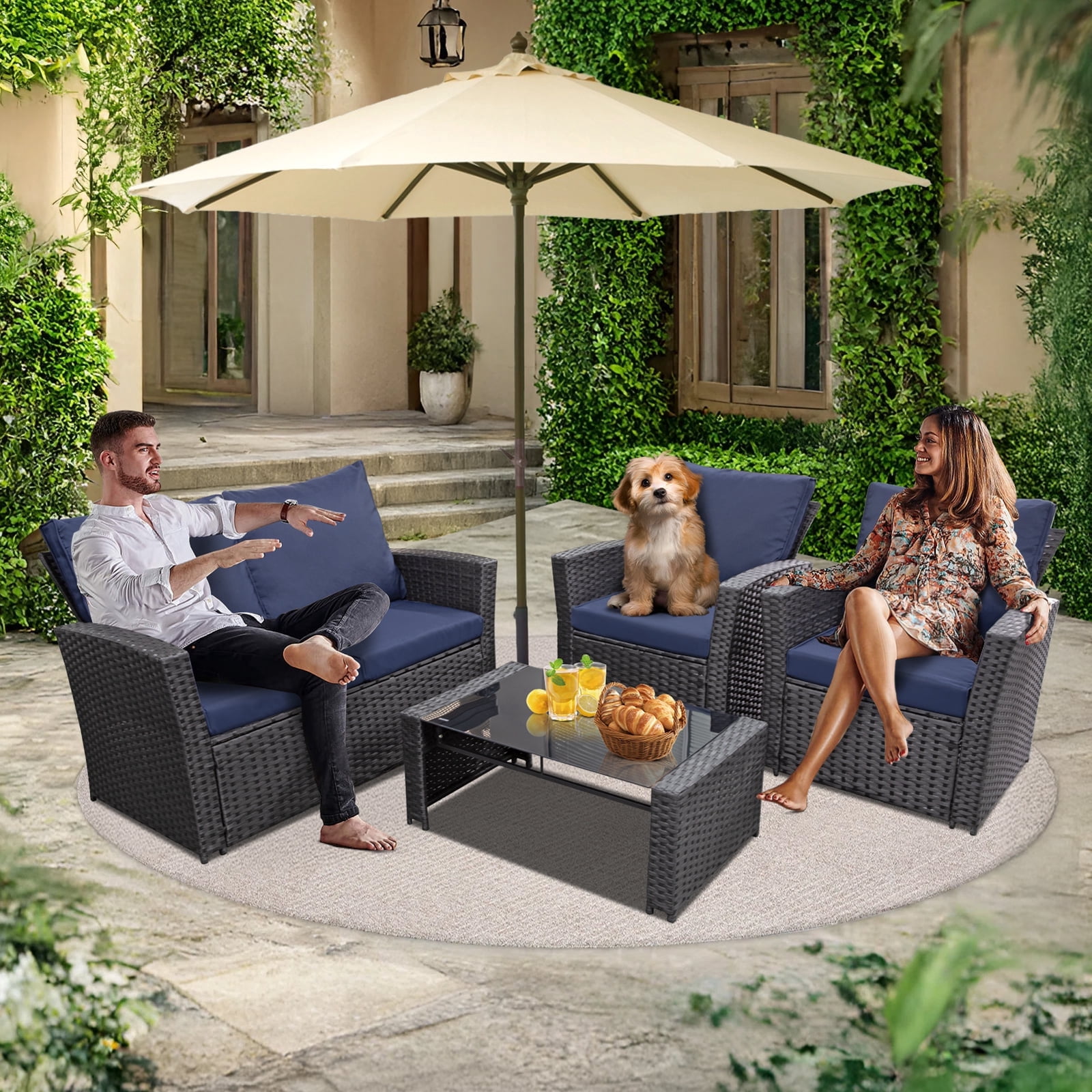 4 Pieces Patio Furniture Set, Indoor/Outdoor Rattan Sectional Sofa Conversation Bistro Set for Garden Balcony Backyard Porch Lawn, Black Rattan/Blue Cushion