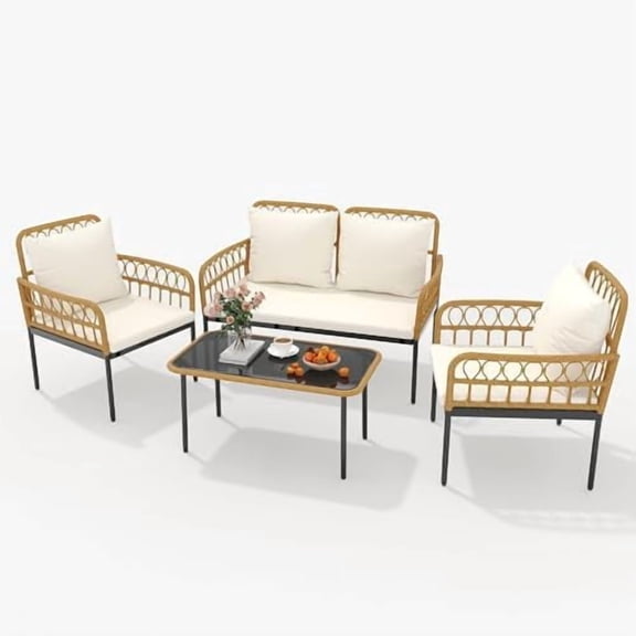 4 Pieces Patio Furniture Set,Outdoor All-Weather Wicker Rattan Bistro Set with Glass Table and Thick Cushions Boho Loveseat Chairs for Balcony Garden Backyard Poolside,Beige$$Garden & Patio