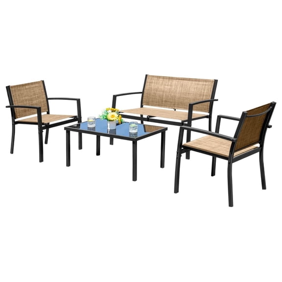 4 Pieces Patio Furniture Set Outdoor Garden Patio Conversation Sets Poolside Lawn Chairs with Glass Coffee Table Porch Furniture (Yellow)