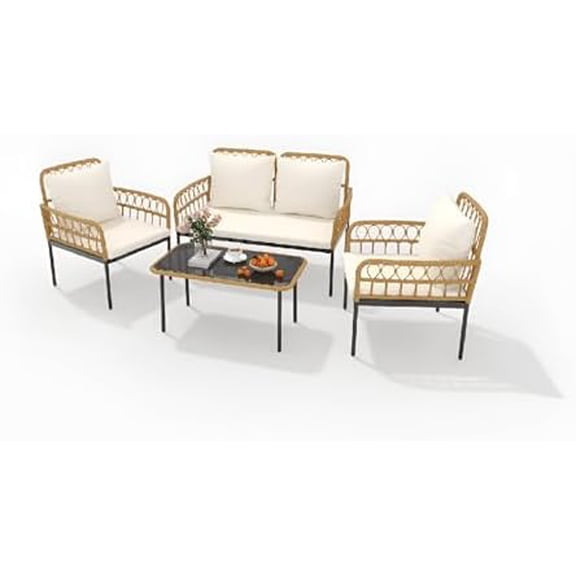 4 Pieces Patio Furniture Set Outdoor Wicker Rattan Bistro Set with Glass Table and Thick Cushions Boho Loveseat Chairs for Balcony Garden Backyard PoolsideBeige$$Garden & Patio