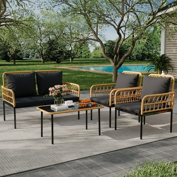 4 Pieces Patio Furniture Set, Outdoor Wicker Rattan Bistro Set with Glass Table & Thick Cushions, Boho Patio Conversation Loveseat Chairs Set for Balcony, Garden, Backyard, Poolside