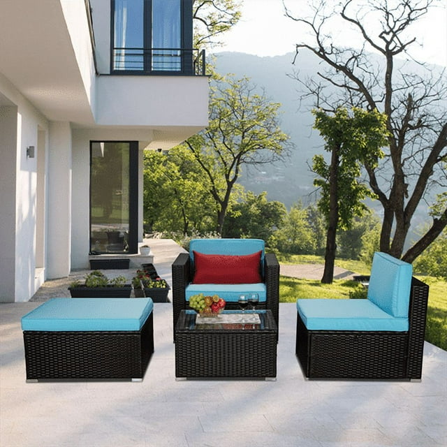 4 Pieces Patio Furniture Set, Outdoor Wicker Rattan Sectional Sofa Couch Set with Coffee Table & Ottoman and 2 Chairs All Weather Conversation Set with Blue Cushions for Garden Backyard, Brown