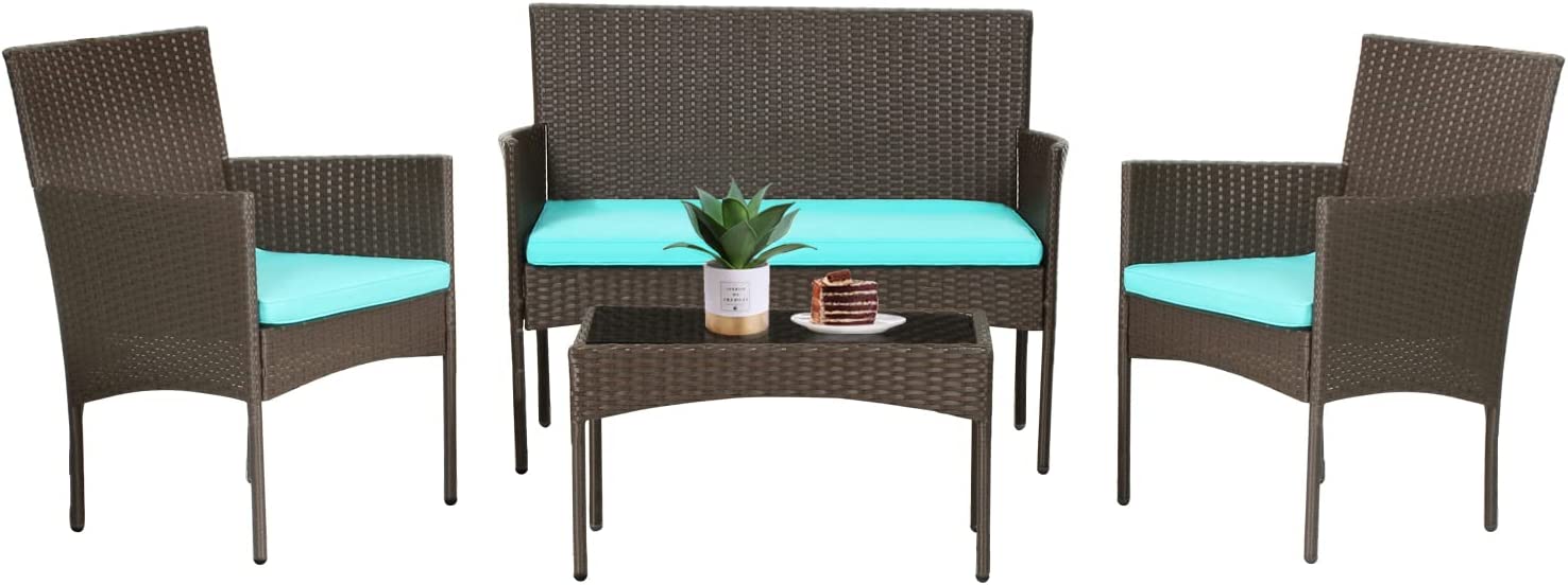 4 Pieces Patio Furniture Set Wicker Patio Conversation Set with Rattan Chair Loveseats Coffee Table for Outdoor Indoor Garden Backyard Porch Poolside Balcony,Brown Wicker/Blue Cushions - image 1 of 7