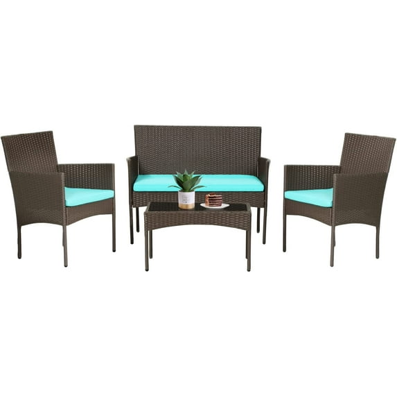 4 Pieces Patio Furniture Set Wicker Patio Conversation Set with Rattan Chair Loveseats Coffee Table for Outdoor Indoor Garden Backyard Porch Poolside Balcony,Brown Wicker/Blue Cushions