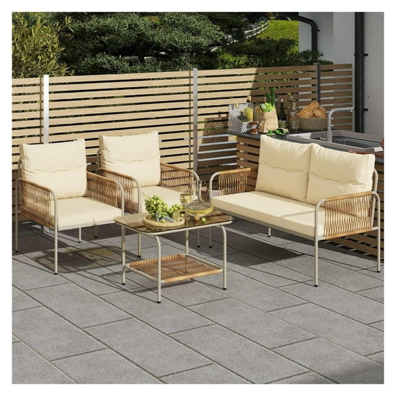 4 Pieces Patio Furniture Set, Wicker Outdoor Conversation Set, All-Weather Rattan Bistro Set with Loveseat Set, Glass Side Table and Cushions for Backyard, Balcony, Deck - Beige