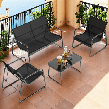 Lofka 4 Pieces Patio Furniture Set ,Outdoor Patio Furniture with 3 Chairs, 1 Metal Coffee Table for Backyard,Poolside, Porch,Black