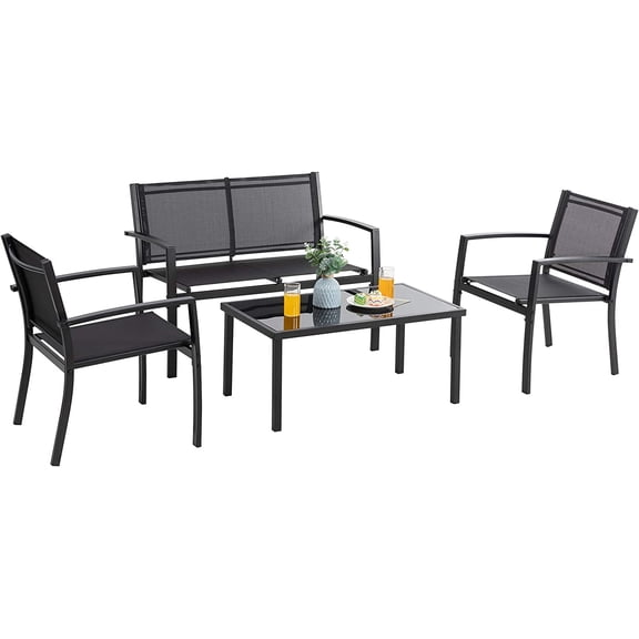 4 Pieces Patio Furniture Sets, Outdoor Patio Conversation Sets with Glass Coffee Table, Small Porch Balcony Furniture, Patio Table and Chairs Set for Garden, Backyard (Black)