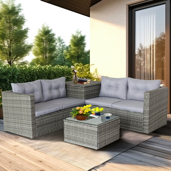 4 Pieces Patio Furniture Sets, Outdoor Patio Sectional Sofa with Storage Table, Wicker Conversation Sofa Set All Weather Patio Sofa with Cushion and Glass Table for Backyard, Porch, Pool, Gray