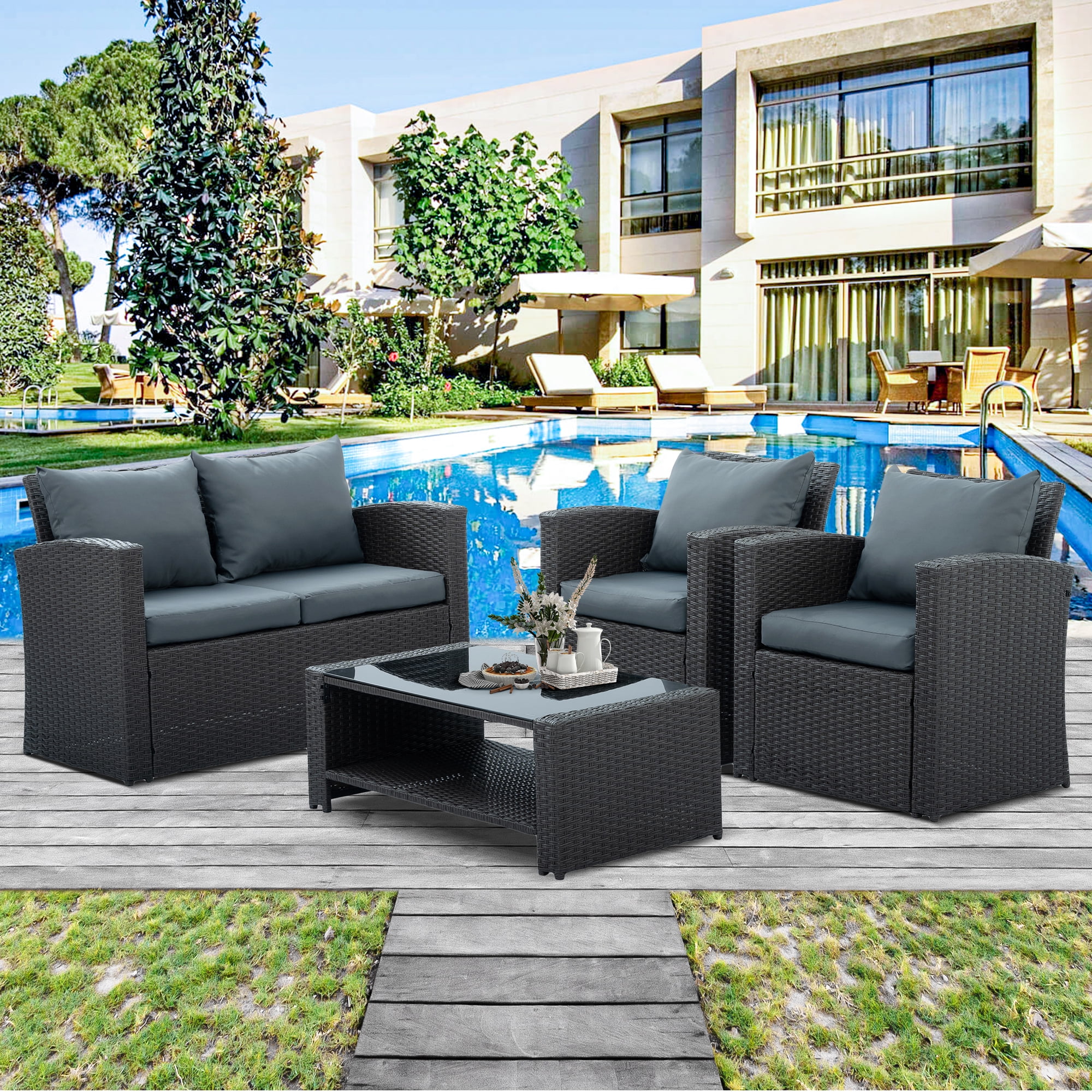 4 Pieces Patio Furniture Sets Outdoor Sectional Wicker Set Outdoor