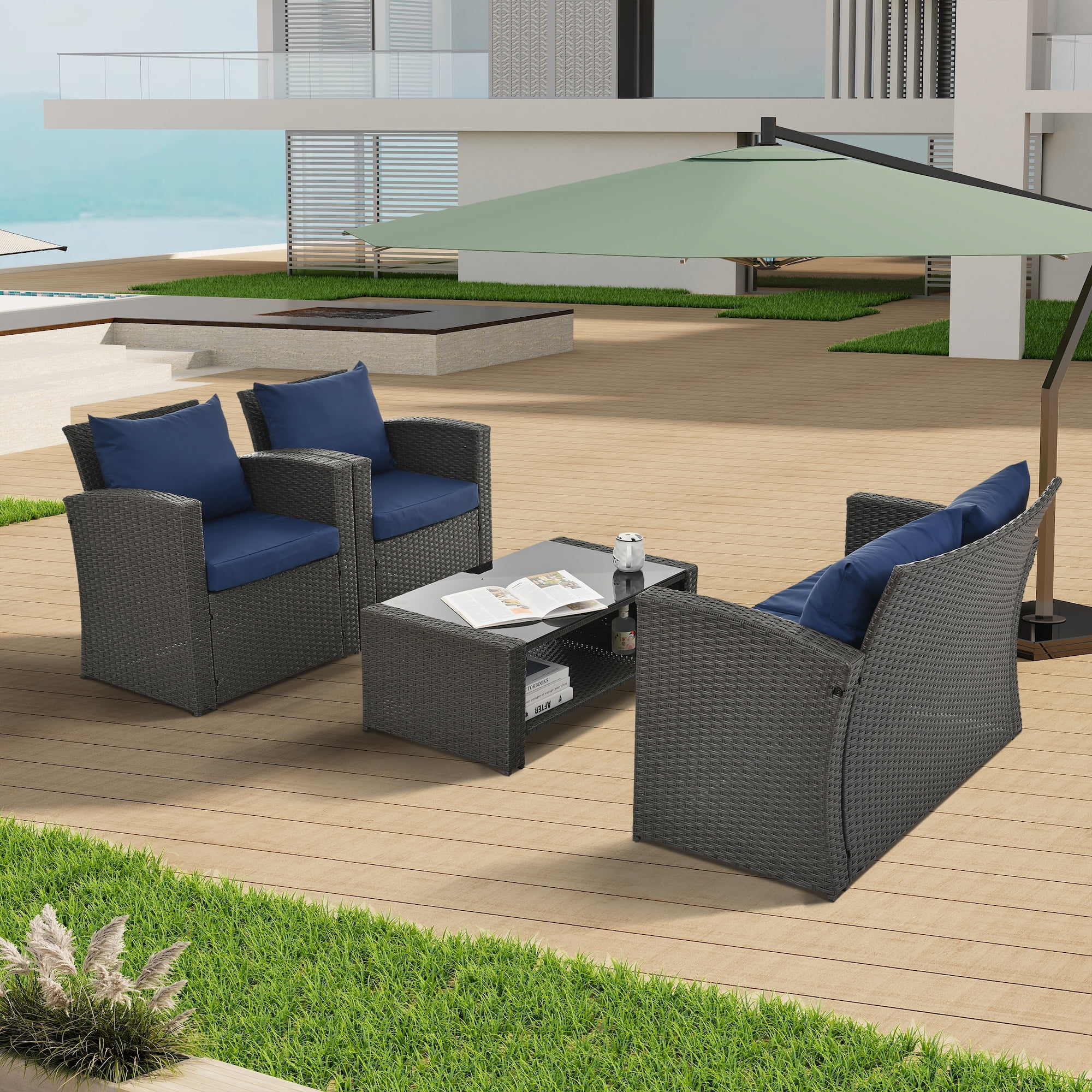 4 Pieces Patio Furniture Sets Outdoor Sectional Wicker Set Outdoor