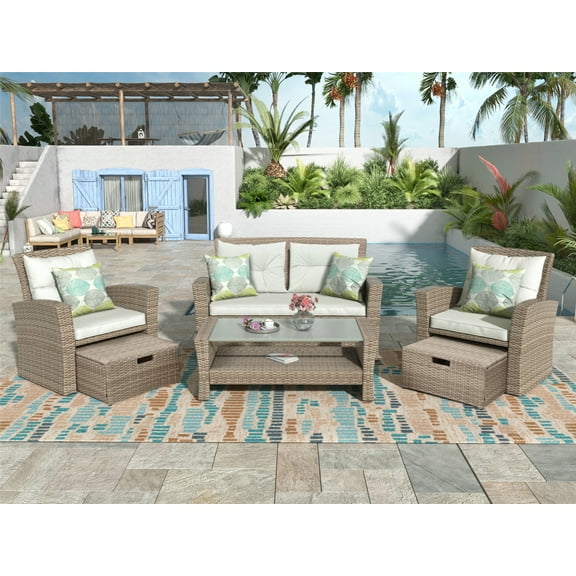 4 Pieces Patio Furniture Sets All Weather Outdoor Sectional Sofa Manual Weaving Wicker Rattan Patio Conversation Set with Ottoman and Cushions (Beige)