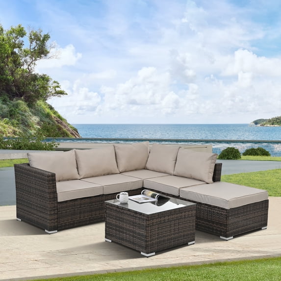 4 Pieces Patio PE Wicker Furniture Set, All-Weather Outdoor Sectional Conversation Set with Removable Thick Cushion, Tempered Glass Table & Pillows, Waterproof, Rust-Proof &UV Protection, Light Gray