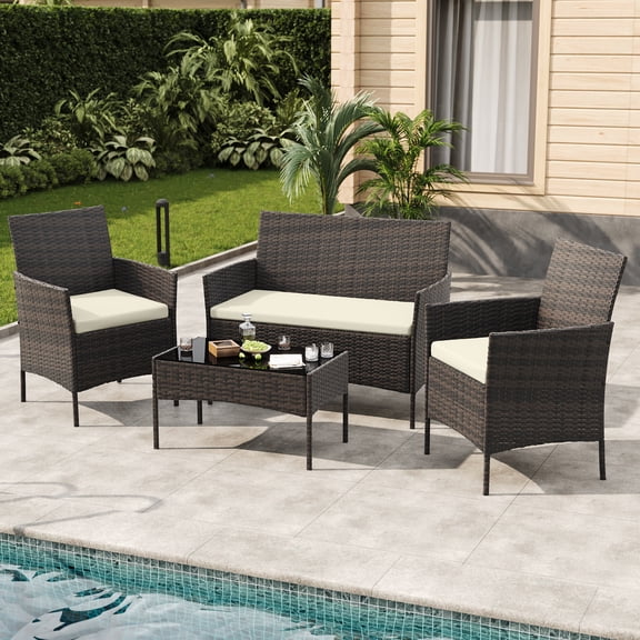 4 Pieces Patio Porch Furniture Set, Outdoor PE Rattan Wicker Conversation Set with Soft Cushions, Glass Coffee Table & Loveseat & 2 Chairs for Garden/Deck/Courtyard/Poolside