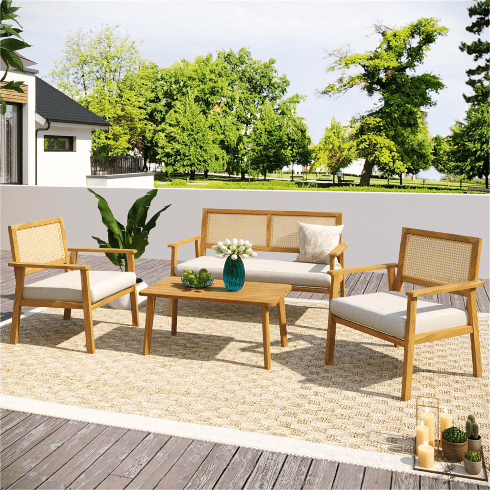 4 Pieces Patio Seating Set with Coffee Table, Acacia Solid Wood Outdoor Sofa Set with Cushions
