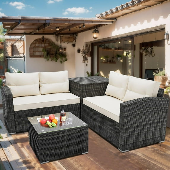 4 Pieces Patio Sofa Furniture Set with Storage Box, Wicker Sectional Sofa Outdoor Furniture Set, Patio Conversation Sets for Backyard Porch Garden Balcony, Beige