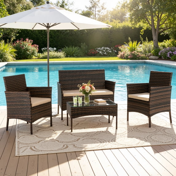 Enyopro 4-Piece Patio Furniture Set, with 2 Arm Chairs, Love Seat & Tempered Glass Coffee Table, Rattan Outdoor Conversation Chair Sets for Patio Porch Deck Balcony, Brown