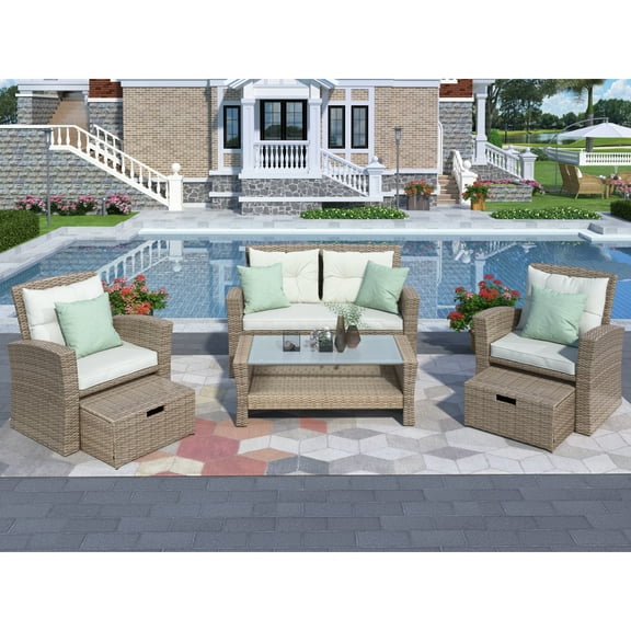 Harper & Bright Designs 4 Pieces Patio Wicker Chair with Ottoman and Coffee Table, Outdoor Rattan Loveseat Sectional Sofa Furniture Set for Garden, Beige Cushions