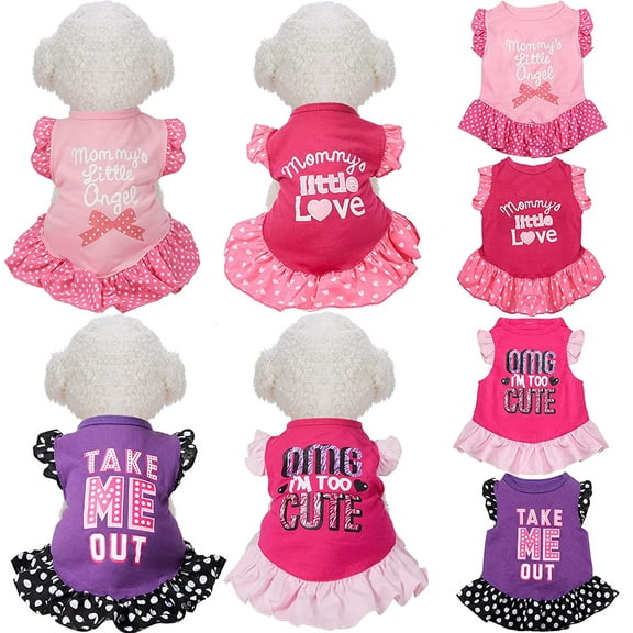 4 Pieces Pet Dress Shirt Cute Dog Sundress Printed Princess Dress Puppy Summer Apparel Clothes Dog Skirt Shirt with Ruffles for Valentines Day, Love Mom