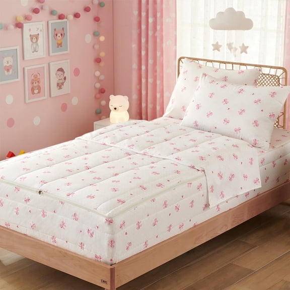 4 Pieces Pink Hearts Bowknot Comforter Set Twin Zipper Bedding Set for Girls,Bow Bedding Set Romantic Princess Style Comforter Set for Kid,All in one Zipper Bedding