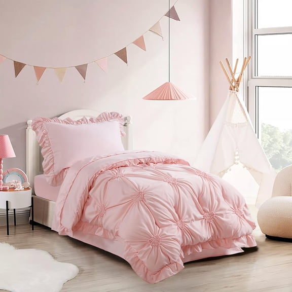 4 Pieces Pink Princess Toddler Bedding Set for Girls Kids, Ultra Soft Blush Pinch Pleat Comforter Set with Ruffles for All Season