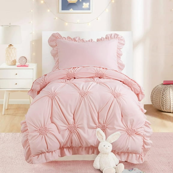 4 Pieces Pink Princess Toddler Bedding Set for Ultra Soft Blush Pinch Pleat Comforter Set with Ruffles for All Season
