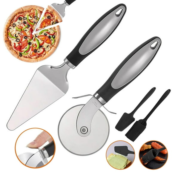 2 Pcs Stainless Steel Pizza Cutter Wheel, Pastry Dough Cutter w/ Pizza Peel Paddle, Pizza Roller & 2 Silicone Basting Brushes - Sharp, Easy to Clean, Dishwasher Safe