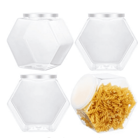 4 Pieces Plastic Candy Cookie Jars for Kitchen Counter Hexagon Cookie Jar with Lid Clear Candy Containers Laundry Pod Storage Container Dry Food for Buffet Dog Treats Craft(29 Oz)