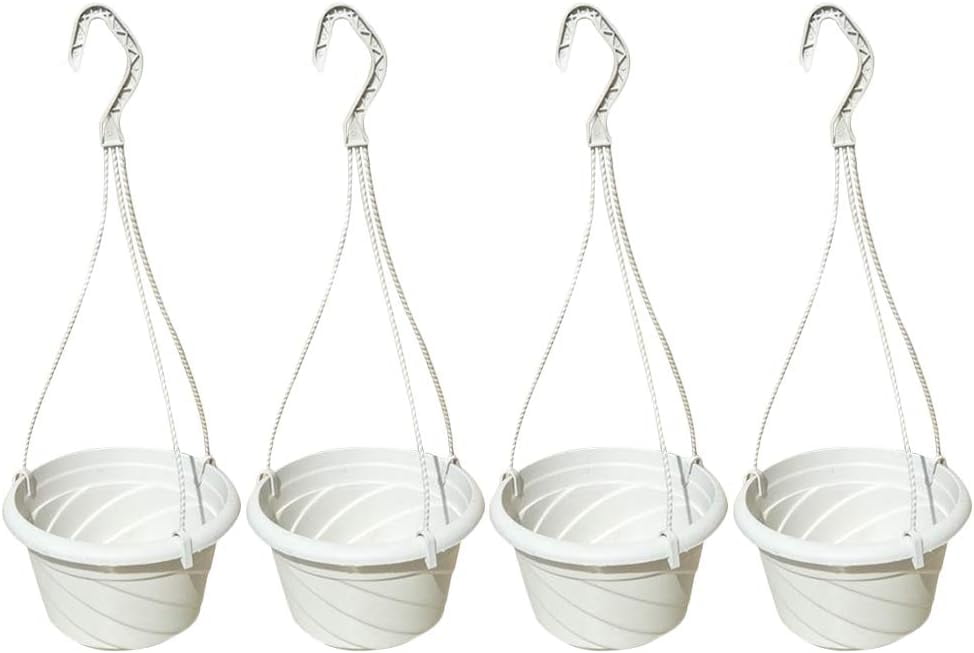 4 Pieces Plastic Hanging Flower Plant Pots Chain Basket Planter Holder Round Hanging Fence Railing Wall Planter Plant Containers for Outdoor Indoor Plants Home Garden Balcony Decoration White