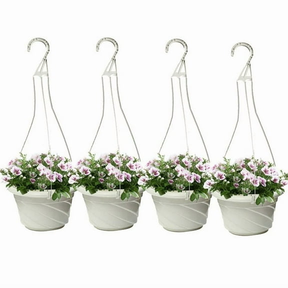4 Pieces Plastic Hanging Flower Plant Pots Chain Basket Planter Holder Round Hanging Fence Railing Wall Planter Plant Containers for Outdoor Indoor Plants Garden Balcony Decoration,Beige White