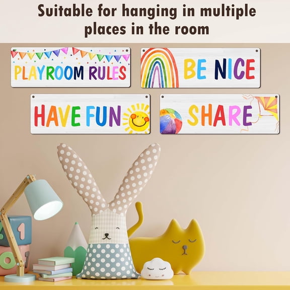 4 Pieces Playroom Decor Kids Room Wall Decor Wooden Sign - Rainbow Theme Motivational Wall Art For Kids Room Nursery Classroom - Playroom Rules Be Nice Share Have Fun(Sign-12)