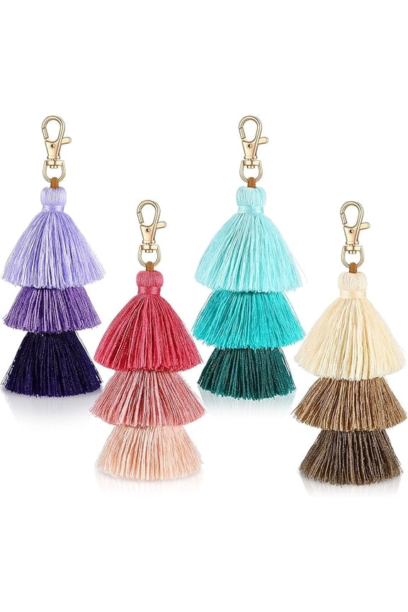 4 Pieces Pom Pom Tassel Keychain Colorful Backpack Keychain Women Cute Bag Charms Bohemian Purse Tassels Bag Charm Handbag Purse Pendant Key Chain