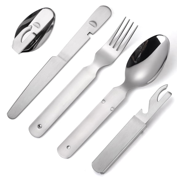 4 Pieces Portable Flatware Silvery Silverware Camping Stainless Steel Cutlery Set Outdoor Travel Knife Fork Spoon Bottle Opener Durable Easy to Clean