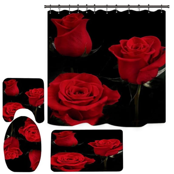4 Pieces Printed Shower Curtain Set with Rugs Romantic Red Rose Shower Curtain Sets with Rug Toilet Mat and Pedestal Pad for Bathroom