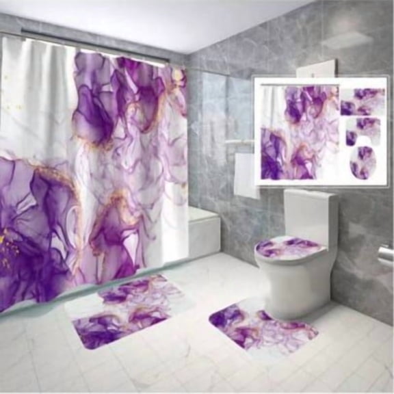 4 Pieces Purple Marble Shower Curtain Set with Non-slip Carpet Toilet Seat and Bath Mat Lavender Bathroom Decor