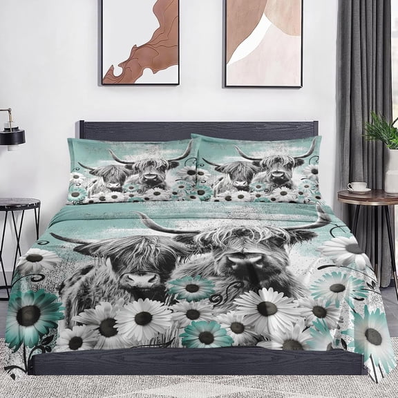4 Pieces Queen Size Bed Sheet Sets with Pillowcases, Highland Cow Animal Soft Microfiber Bedding for Kids and Adults, Farm  Flat, Fitted Sheet for Bedroom Bed Decor
