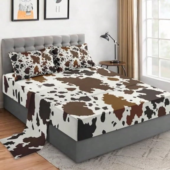 4 Pieces Queen Size Bed Sheet Sets with Pillowcases Vintage Cow Brown Cowhide Animal Soft Microfiber Bedding for and Adults Flat Fitted Sheet for Bedroom Bed Decor