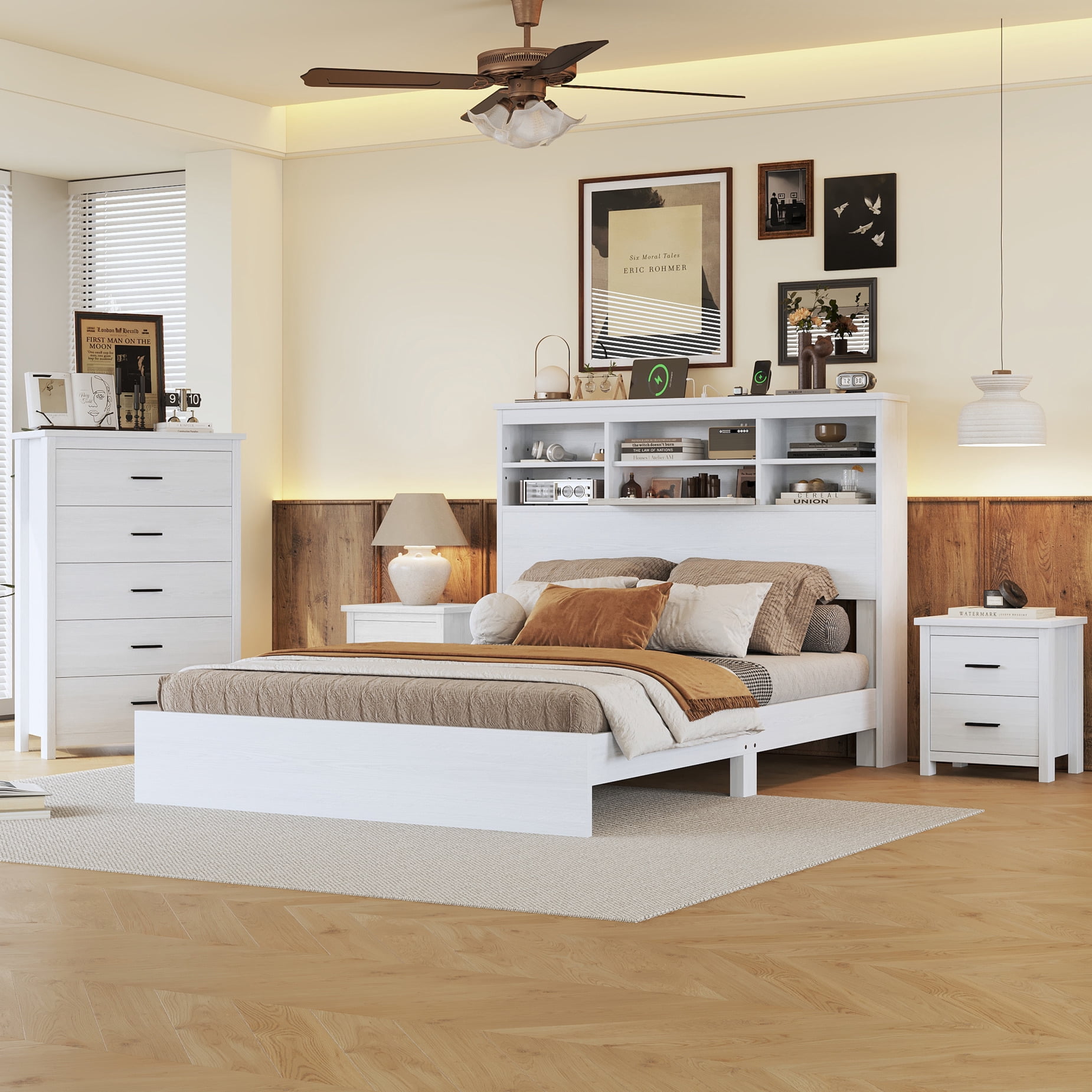 4-Pieces Queen Size Bedroom Set, Vintage Platform Bed Frame with Storage Headboard, USB Charging Port & 1x Dresser Cabinet 5 Drawers & 2 x Nightstands, No Box Spring Needed, White