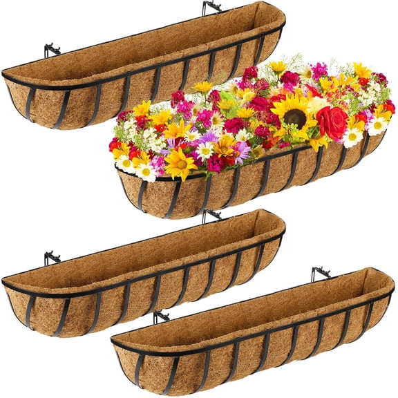 4 Pieces Railing Planter Boxes, 36 Inches Window Box Planters with Coco Liner and Adjustable Brackets for Deck Porch Fence Patio Balcony Gardening Outdoor Plants