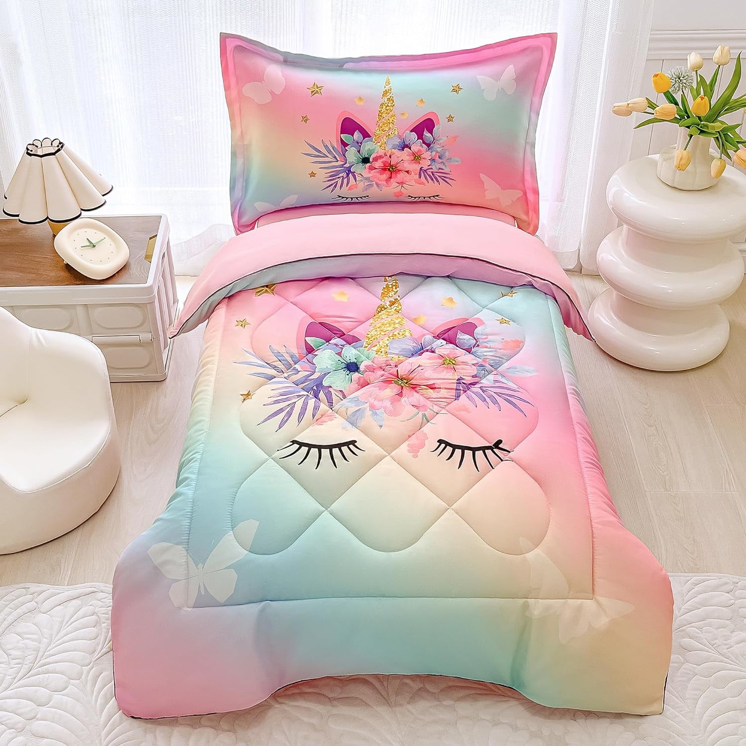 4 Pieces Rainbow Unicorn Toddler Bedding Set Girls Pink Floral