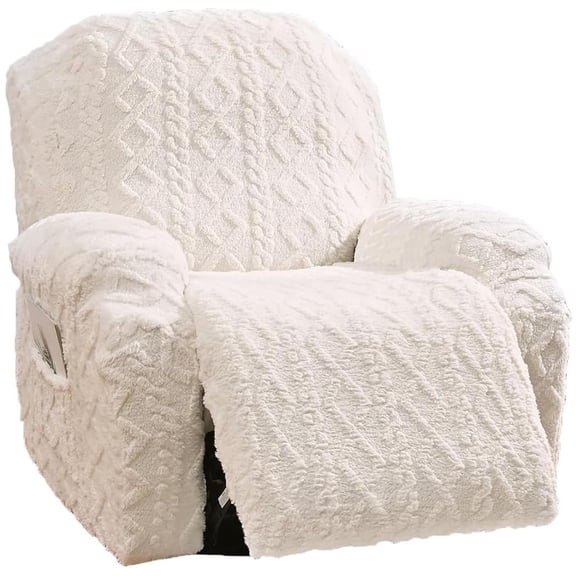 4 Pieces Recliner Chair Covers, Geometric Jacquard Plush Recliner Slipcovers, Couch Sofa Covers, Soft Fuzzy Fluffy Anti-Slip Furniture Protector for Cats Dogs Elastic Bottom (1 Seat)