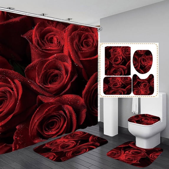 4 Pieces Red Floral Printed Shower Curtain Bath Set Valentine's Day, Includes 3D Print Waterproof Bath Curtain, Washable Non Slip Bathroom Rug, Durable Toilet Lid Cover and U Shape Toilet Base Mat