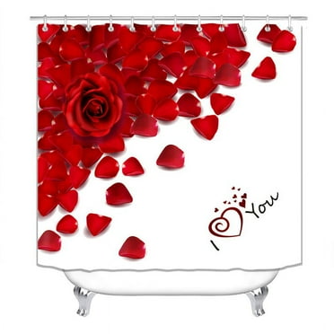 4 Pieces Red Floral Printed Shower Curtain Bath Set Valentine's Day, Includes 3D Print Waterproof Bath Curtain, Washable Non Slip Bathroom Rug, Durable Toilet Lid Cover and U Shape Toilet Base Mat