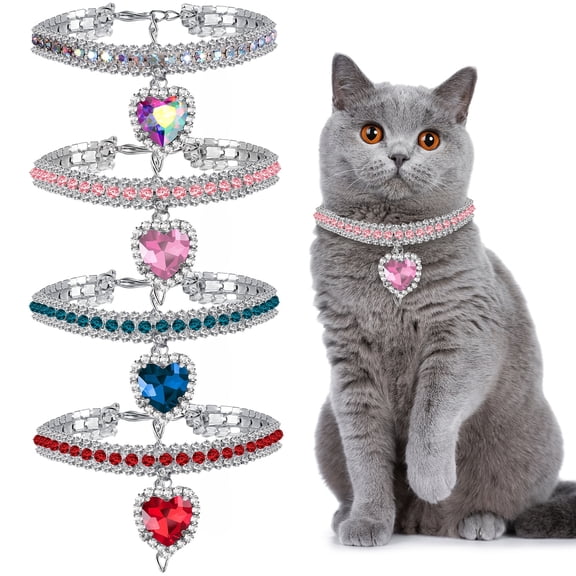 4 Pieces Rhinestone Cat Collar Heart Bling Breakaway Cat Collar Adjustable Small Dog Accessories Soft Velvet Kitten Decor with Rhinestone Love Heart for Pet Party Dress Decor (7.9-9.8 Inch)