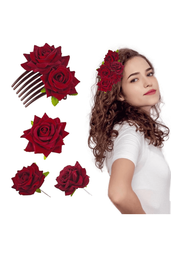 4 Pieces Rose Flower Hair Clip Big Rose Brooch Floral Clips Mexican Flower Hair Accessories for Woman Flamenco Dancer Bridal Party Wedding