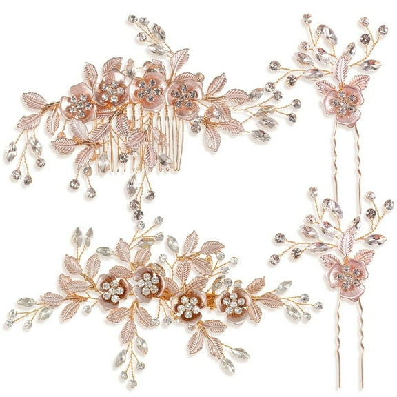 4 Pieces Rose Gold Bridal Hair Accessories Set, Sparkling Crystal Flower & Leaf Design, Wedding Hairpins and Combs for Bride & Bridesmaids