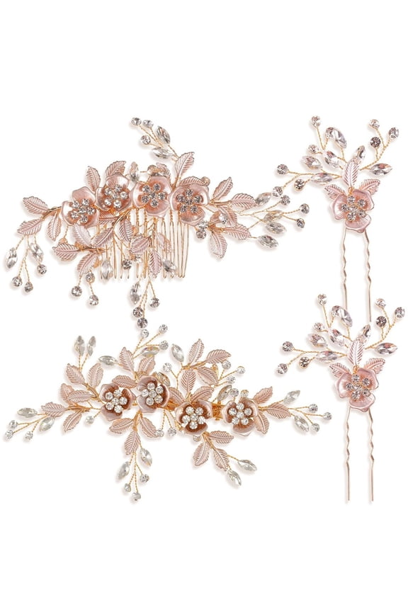 4 Pieces Rose Gold Bridal Hair Accessories Set, Sparkling Crystal Flower & Leaf Design, Wedding Hairpins and Combs for Bride & Bridesmaids