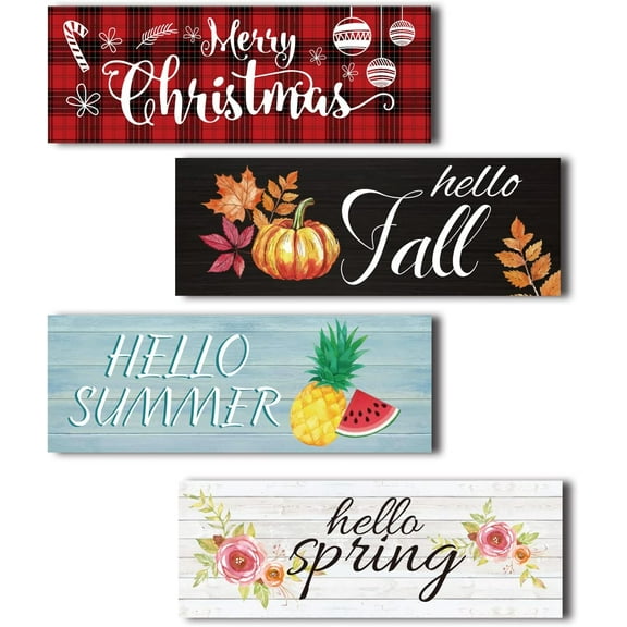 4 Pieces Rustic Wood Signs Farmhouse Wooden Wall Sign Decorations Set Hello Spring Hello Summer Hello Fall Merry Christmas for Home Thanksgiving Seasonal Plaque5.5 x 1.96 x 0.4inch
