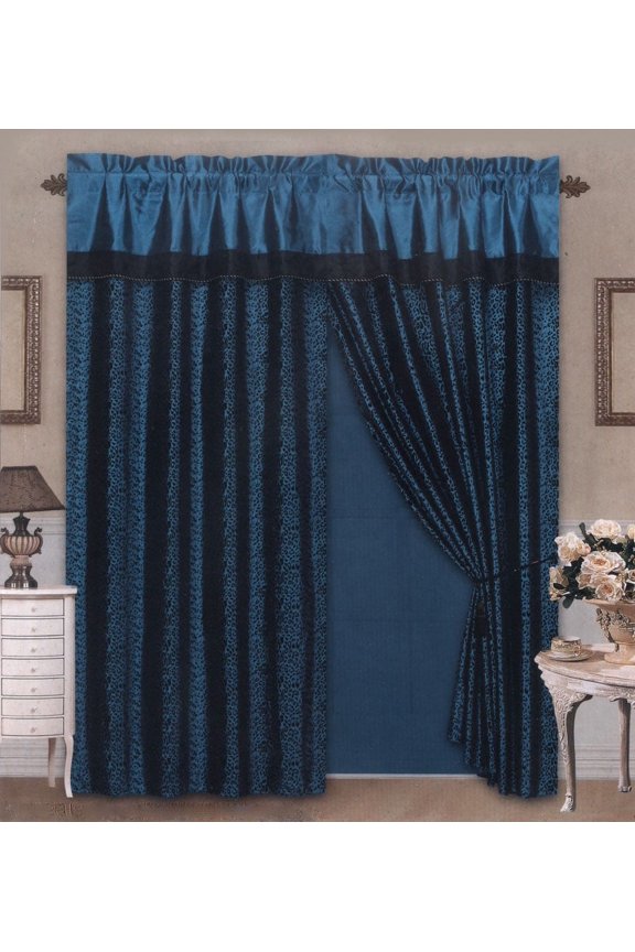 4 Pieces Satin Blue/Black Flocking Leopard Pattern Window Curtain Drape Set