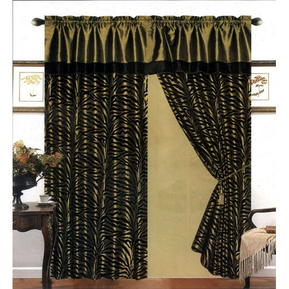 4 Pieces Satin Green/Black Flocking Zebra Pattern Window Curtain Drape Set